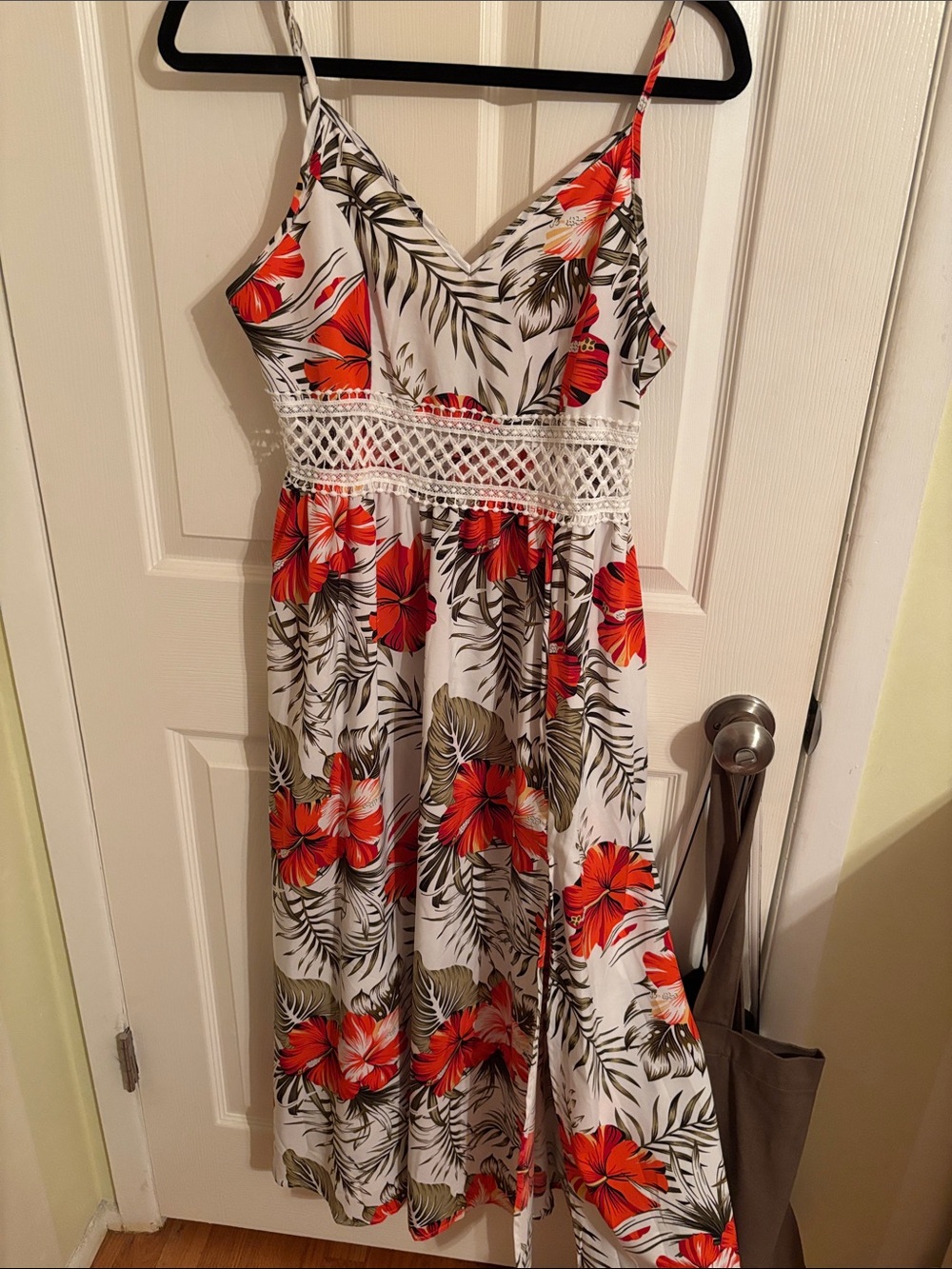White Floral Maxi Sundress with Red Hibiscus Print